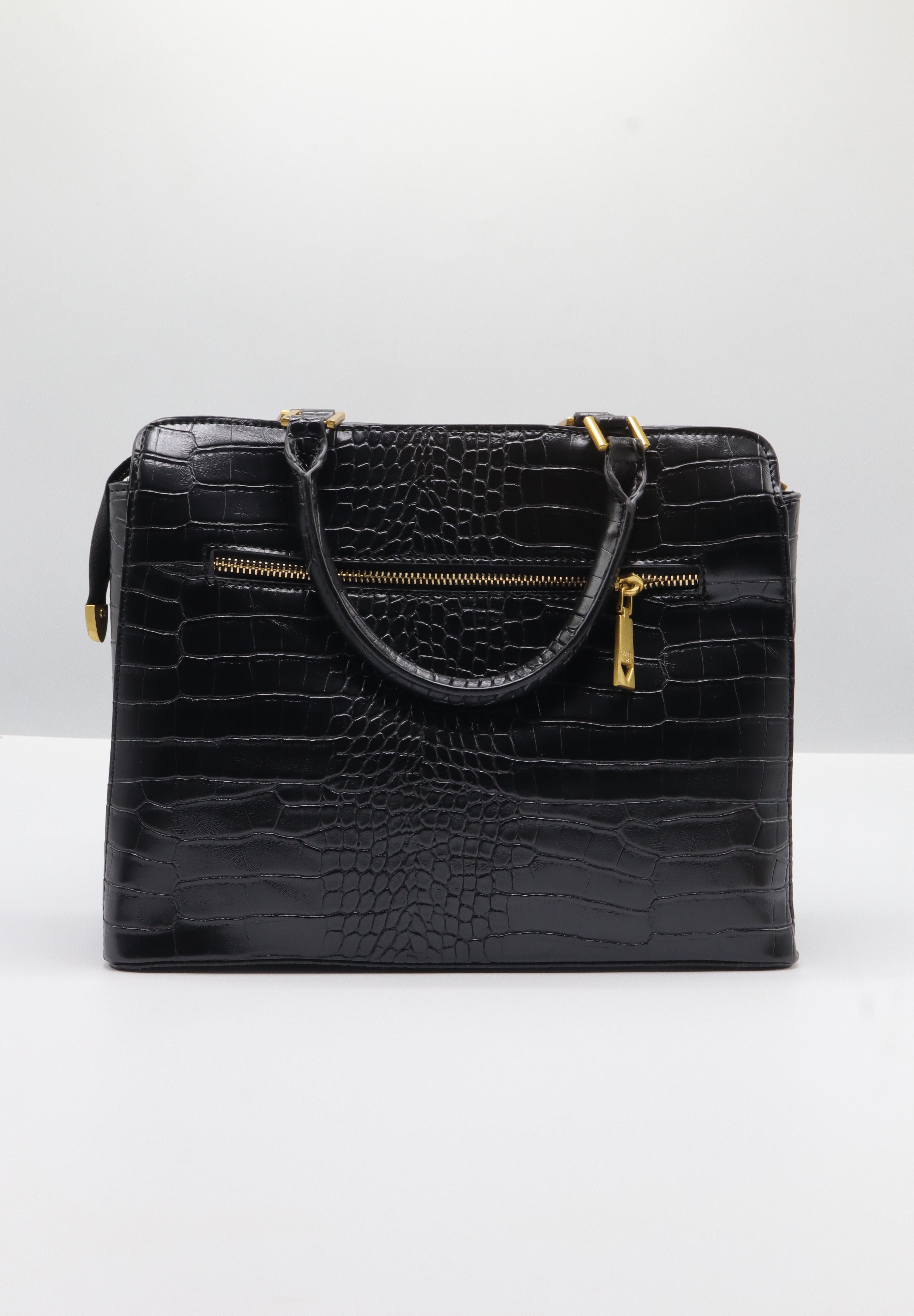 Guess Croc Satchel Bag | Black Embossed Leather & Gold Hardware