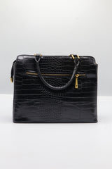 Guess Croc Satchel Bag | Black Embossed Leather & Gold Hardware