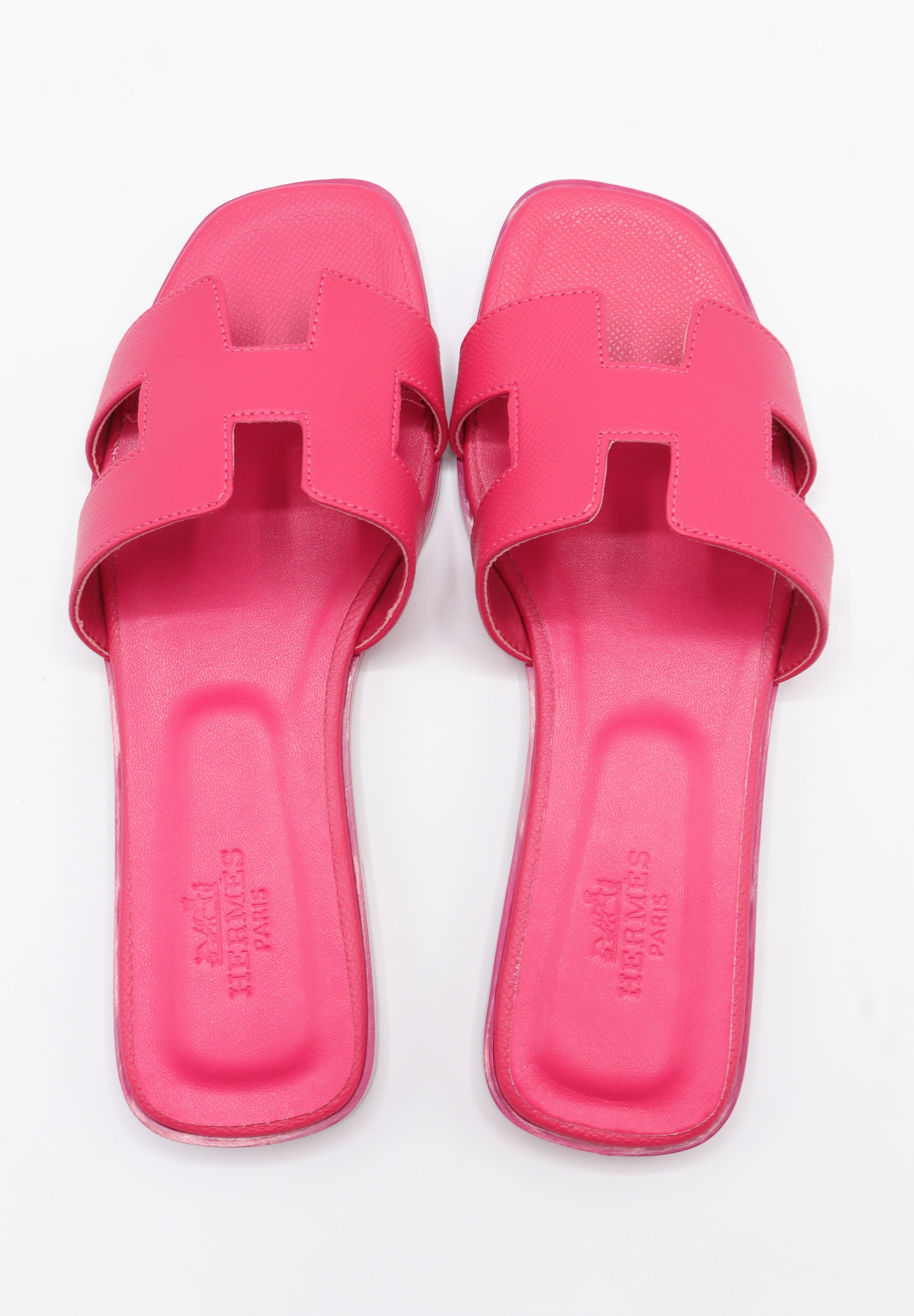 Hermes Style Epsom Leather Oran Flat Sandals – Women's Fuchsia Pink Slide Shoes
