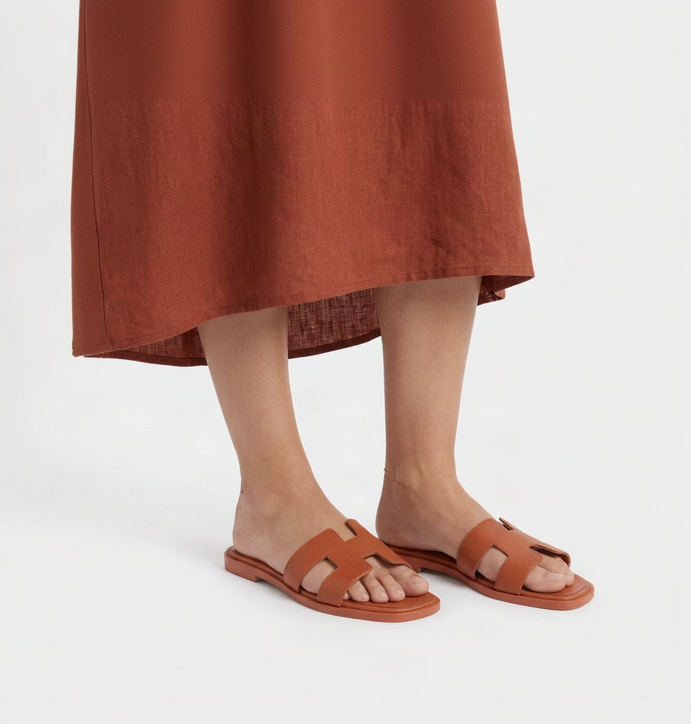 Hermes Style Epsom Leather Oran Flat Sandals – Women's Orange Slide Shoes