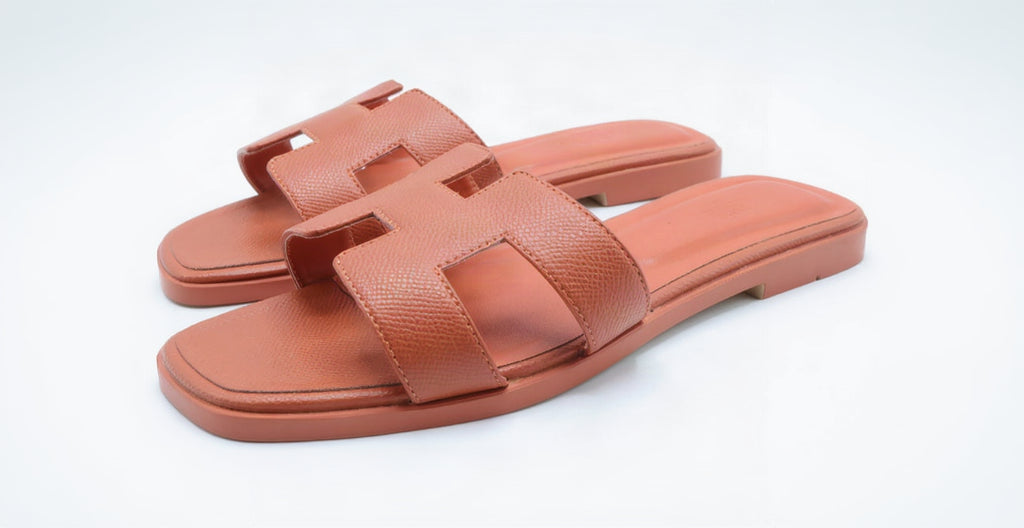 Hermes Style Epsom Leather Oran Flat Sandals – Women's Orange Slide Shoes