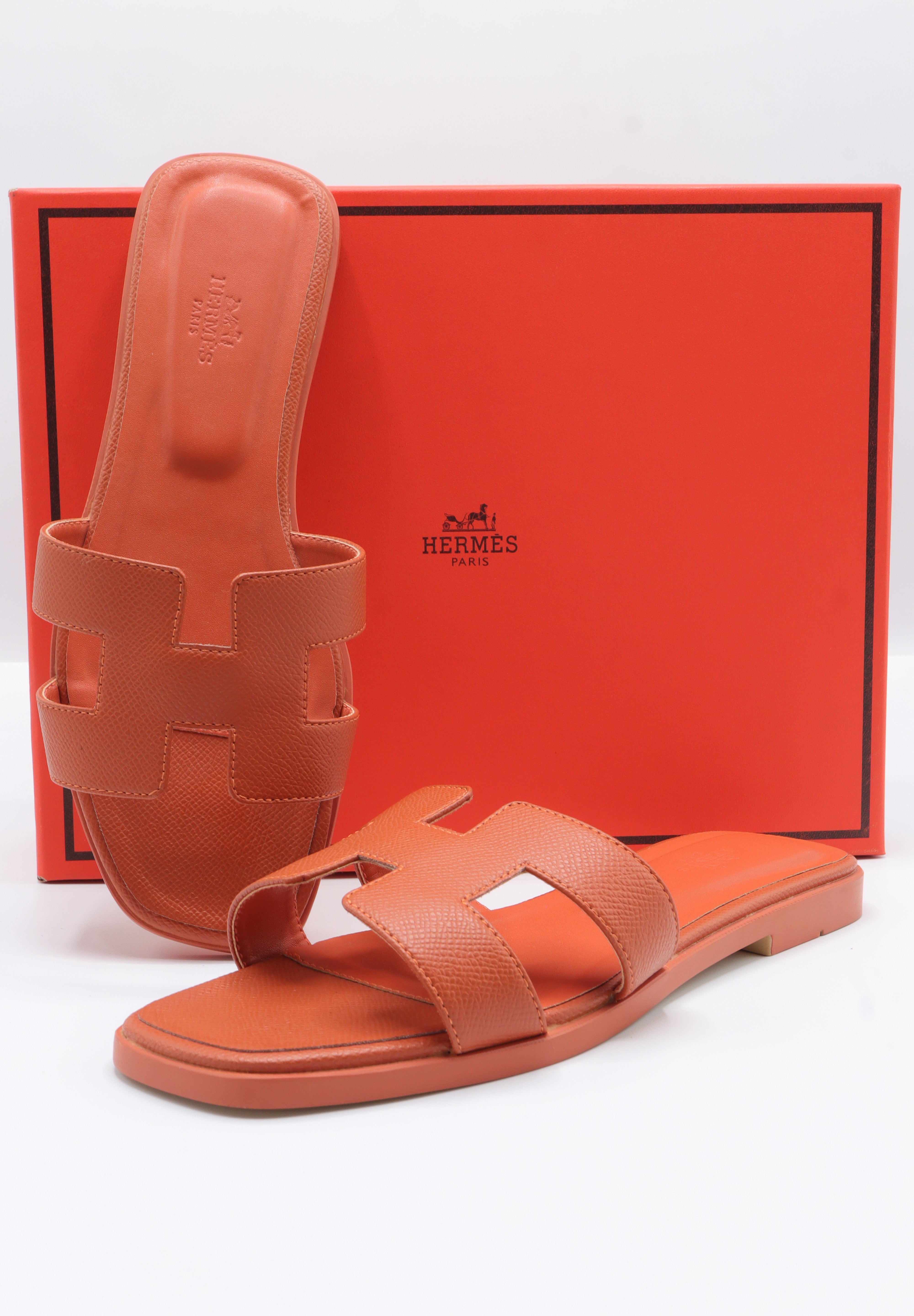 Hermes Style Epsom Leather Oran Flat Sandals – Women's Orange Slide Shoes