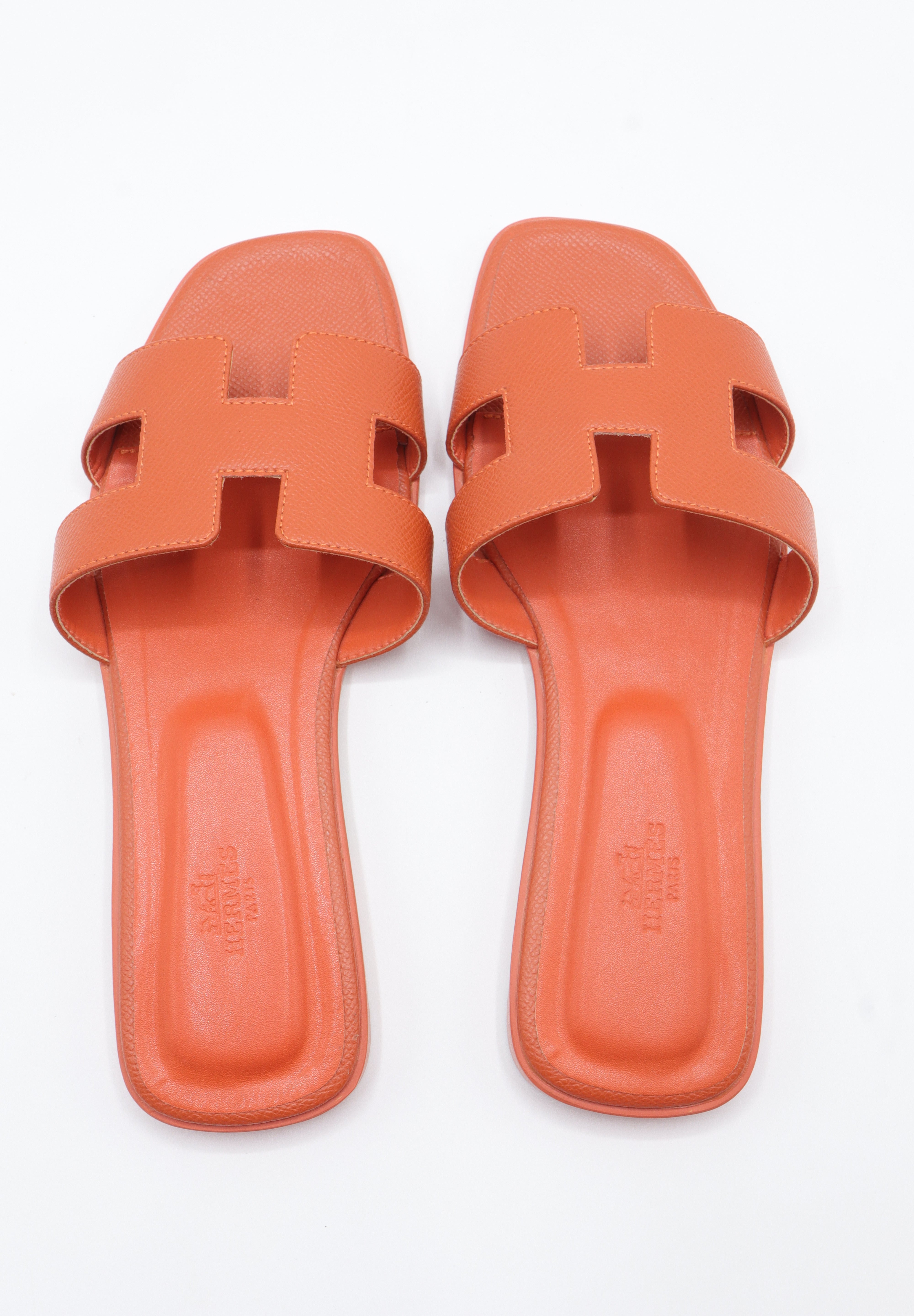 Hermes Style Epsom Leather Oran Flat Sandals – Women's Orange Slide Shoes