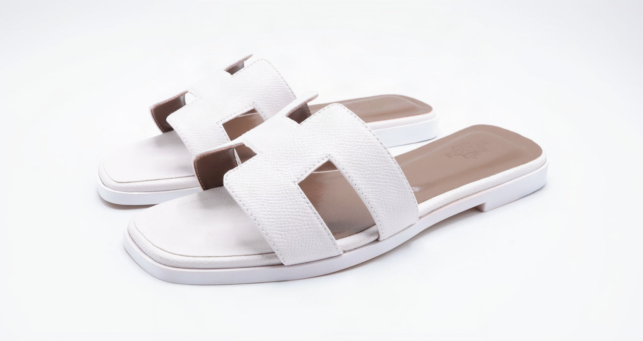 Hermes Style Epsom Leather Oran Flat Sandals – Women's White Slide Shoes