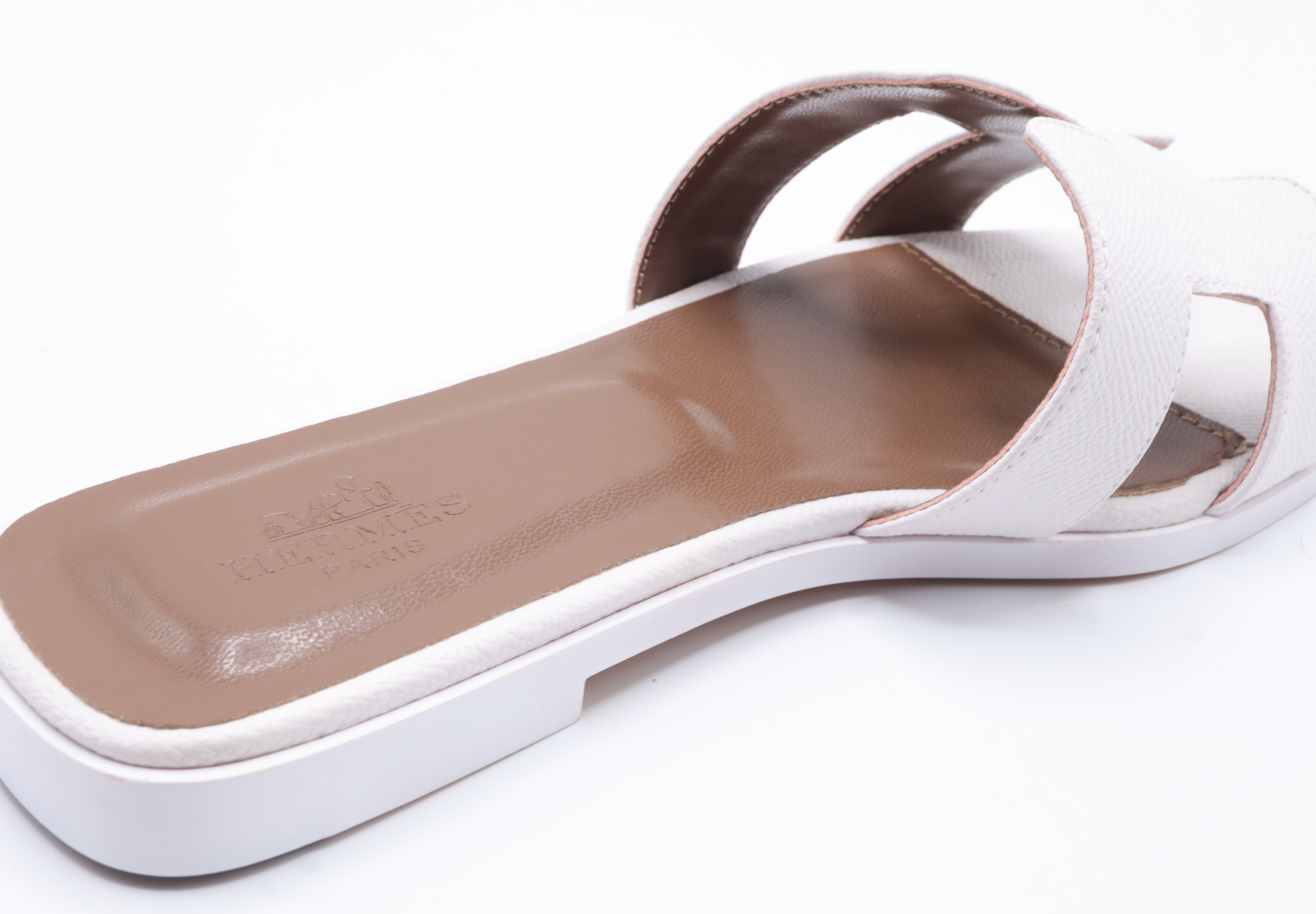 Hermes Style Epsom Leather Oran Flat Sandals – Women's White Slide Shoes