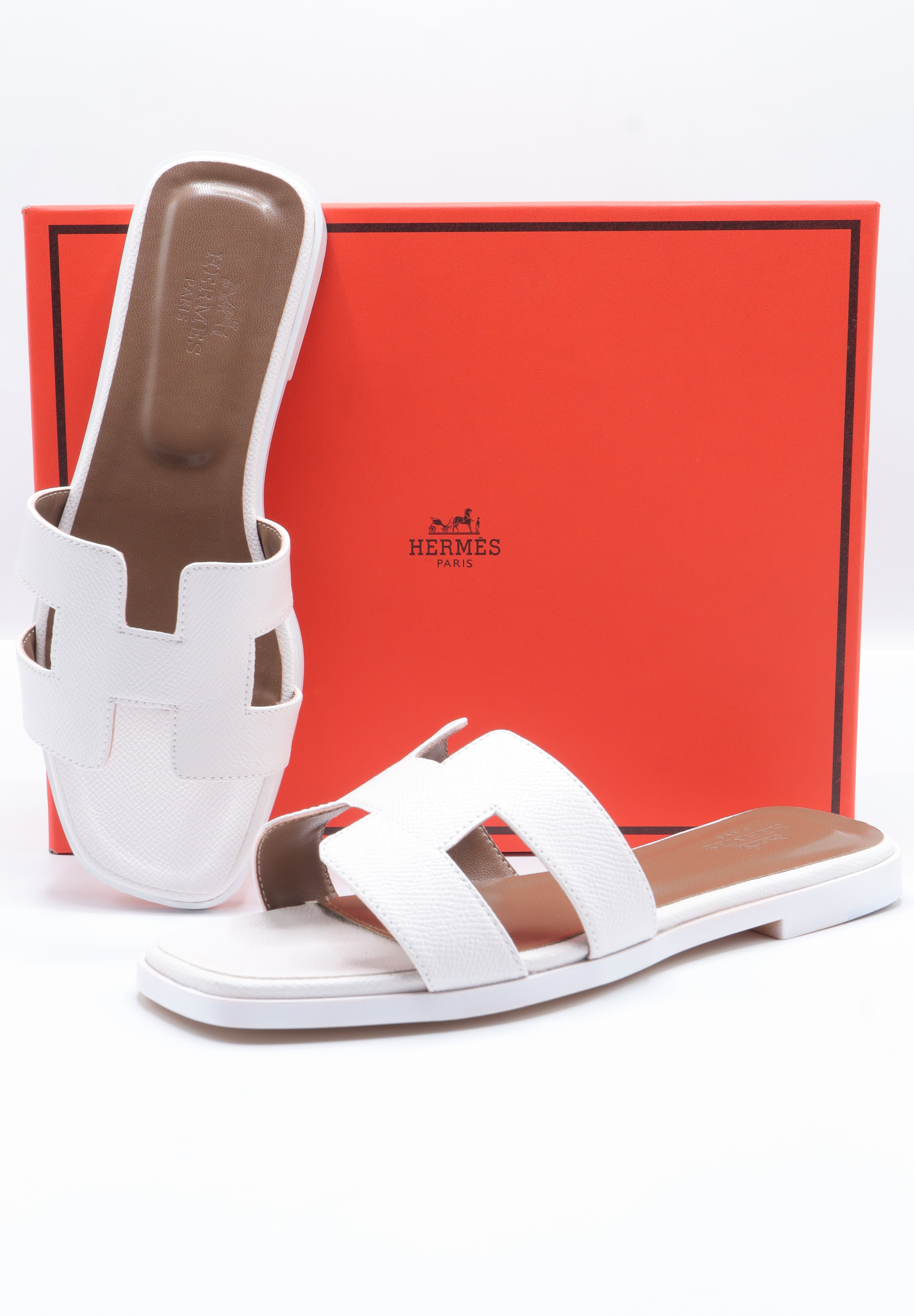 Hermes Style Epsom Leather Oran Flat Sandals – Women's White Slide Shoes