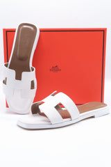 Hermes Style Epsom Leather Oran Flat Sandals – Women's White Slide Shoes