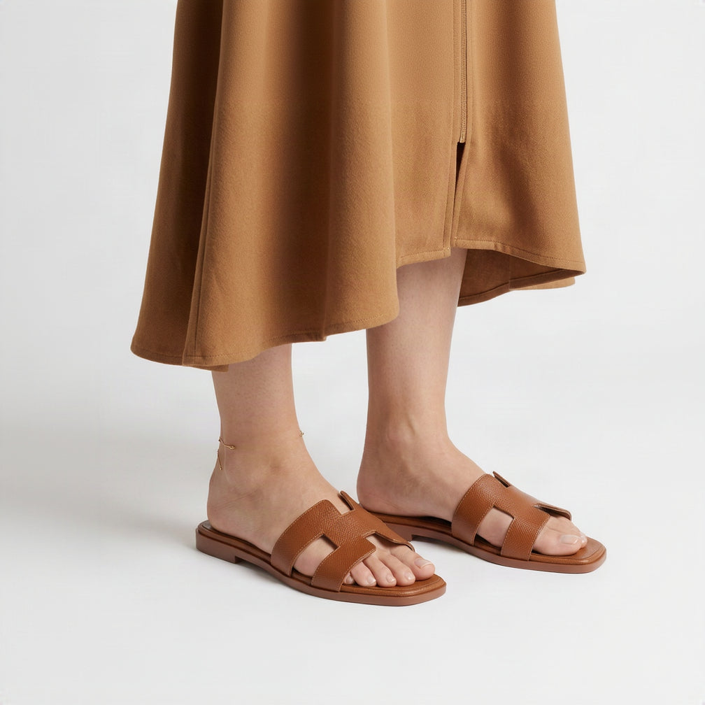 Hermes Style Epsom Leather Oran Flat Sandals – Women's Gold / Tan Slide Shoes