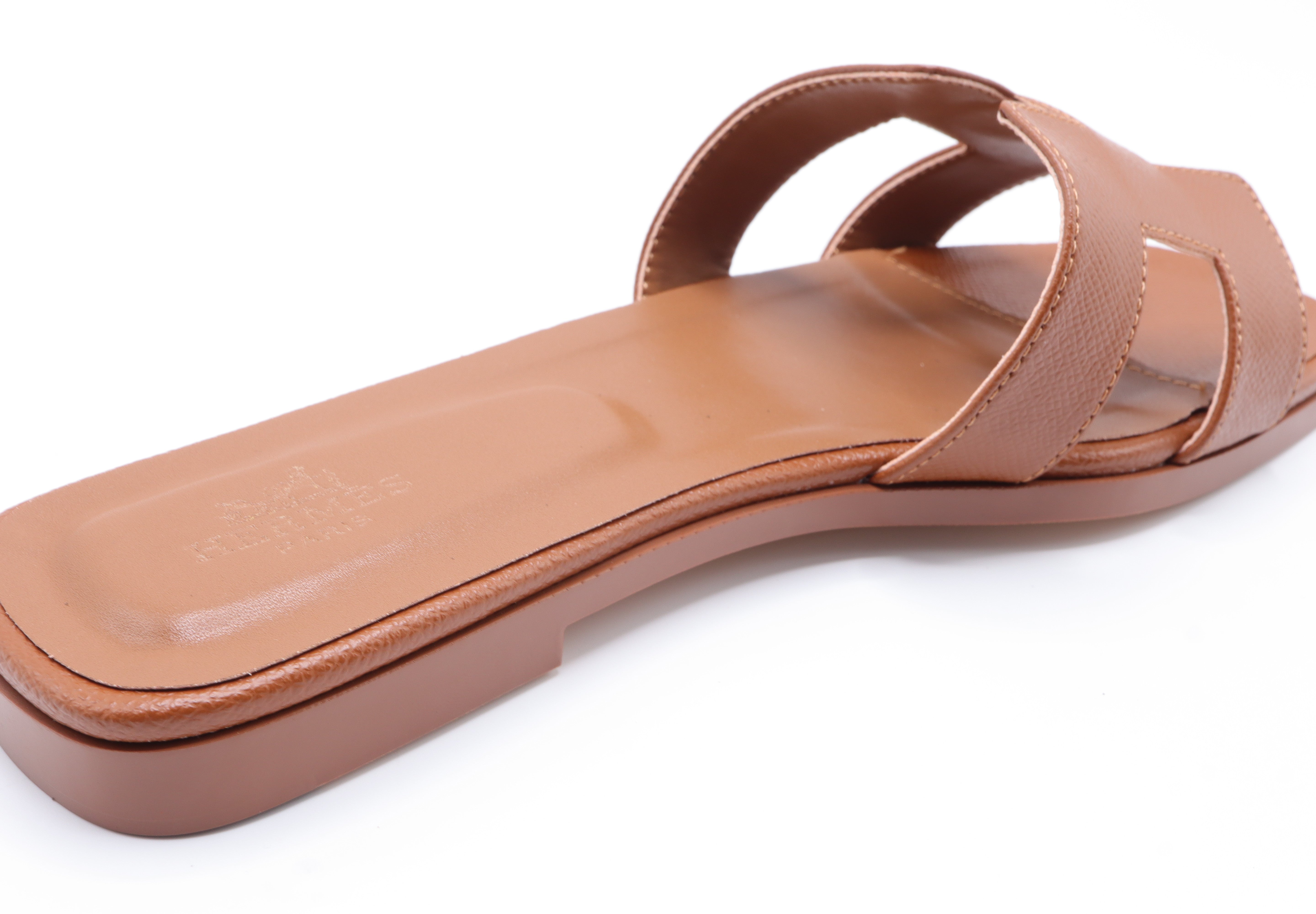 Hermes Style Epsom Leather Oran Flat Sandals – Women's Gold / Tan Slide Shoes
