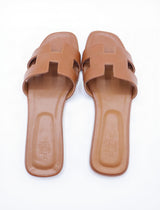 Hermes Style Epsom Leather Oran Flat Sandals – Women's Gold / Tan Slide Shoes