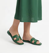 Hermes Style Epsom Leather Oran Flat Sandals – Women's Green Slide Shoes
