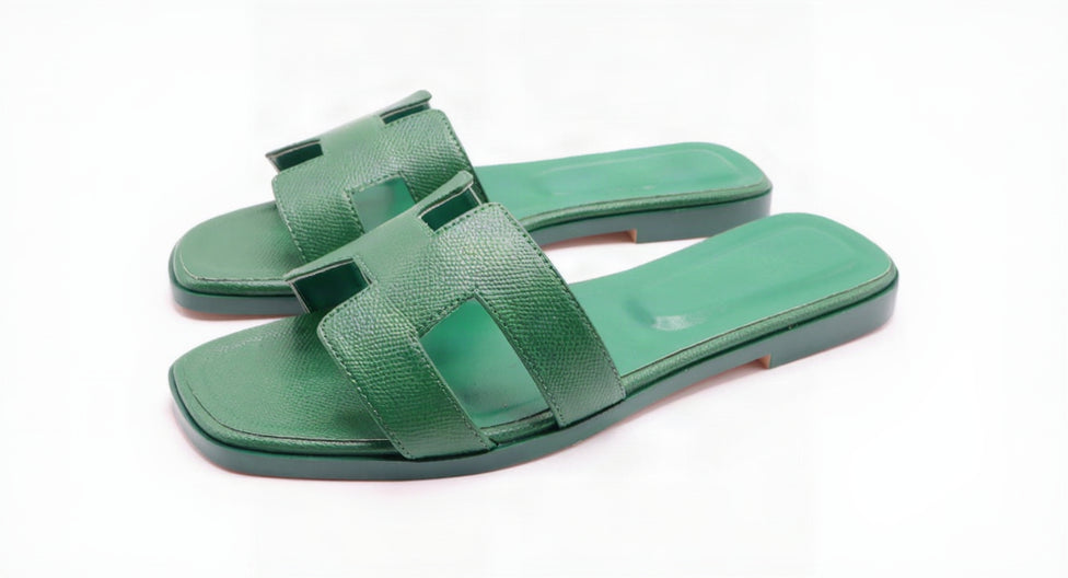 Hermes Style Epsom Leather Oran Flat Sandals – Women's Green Slide Shoes