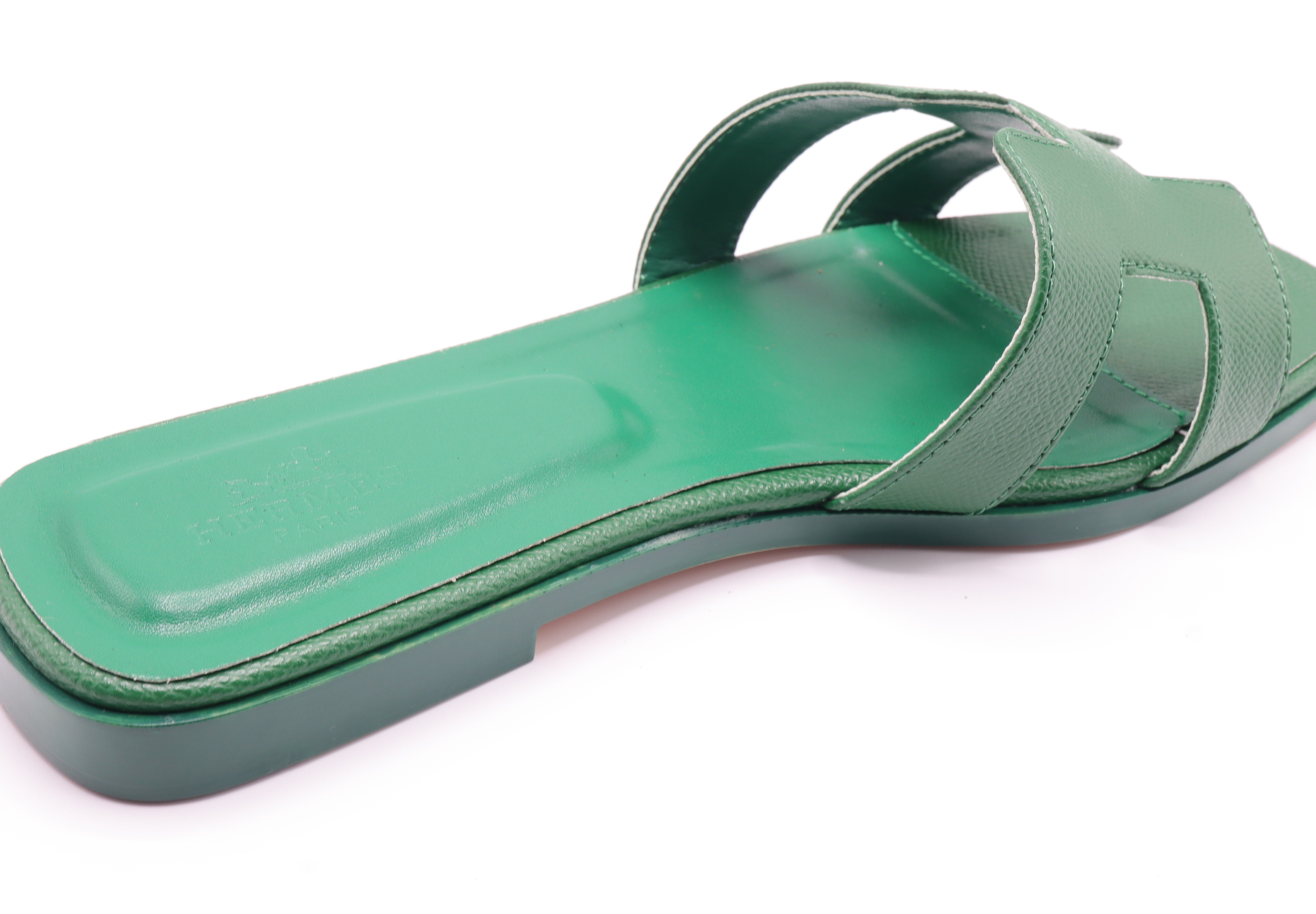 Hermes Style Epsom Leather Oran Flat Sandals – Women's Green Slide Shoes