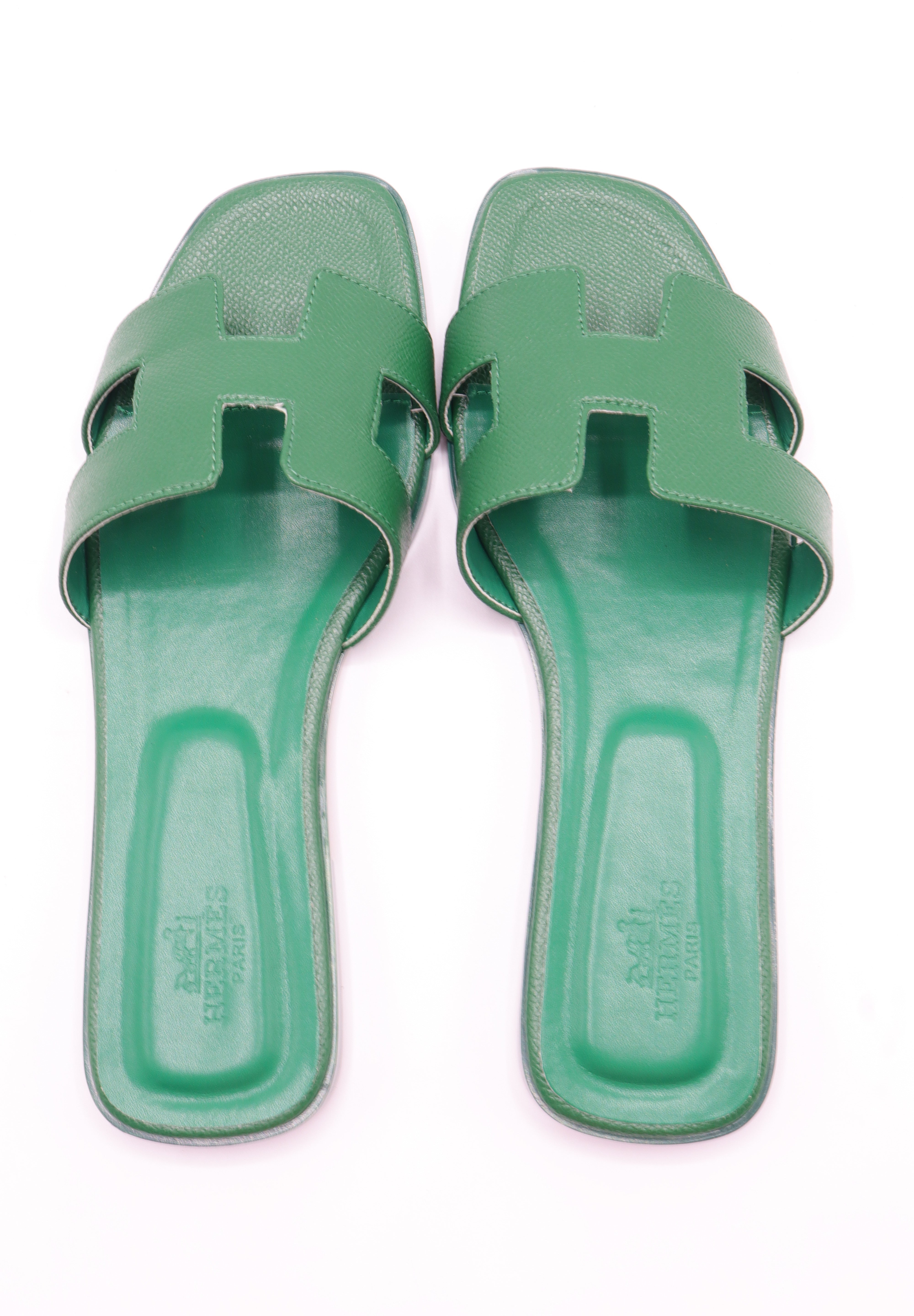 Hermes Style Epsom Leather Oran Flat Sandals – Women's Green Slide Shoes