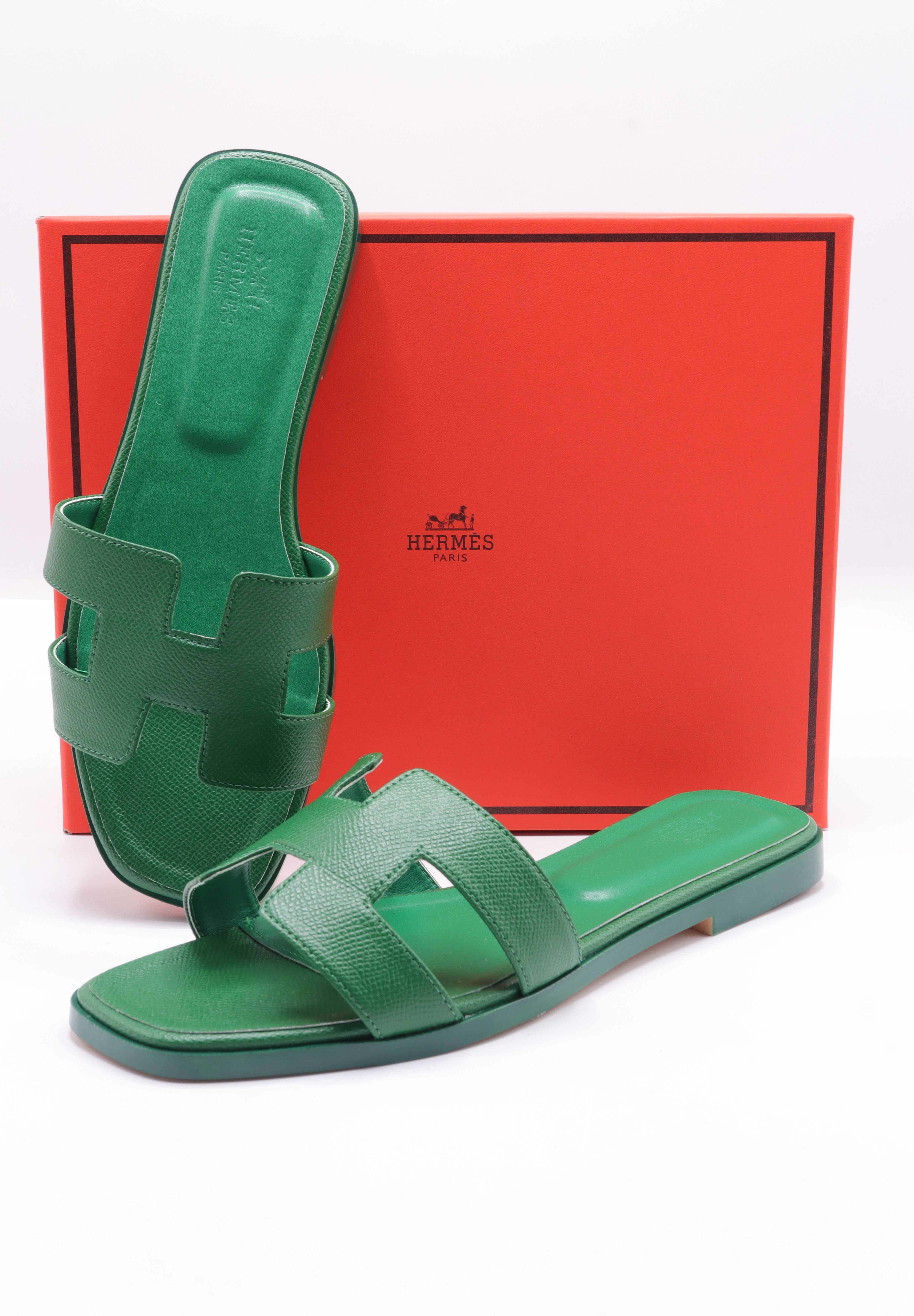Hermes Style Epsom Leather Oran Flat Sandals – Women's Green Slide Shoes