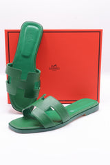 Hermes Style Epsom Leather Oran Flat Sandals – Women's Green Slide Shoes