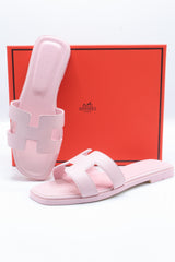 Hermes Style Epsom Leather Oran Flat Sandals – Women's Blush Pink Slide Shoes