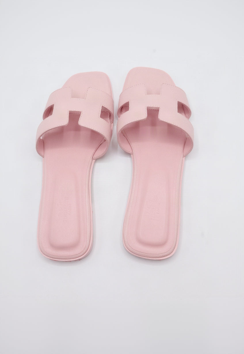 Hermes Style Epsom Leather Oran Flat Sandals – Women's Blush Pink Slide Shoes