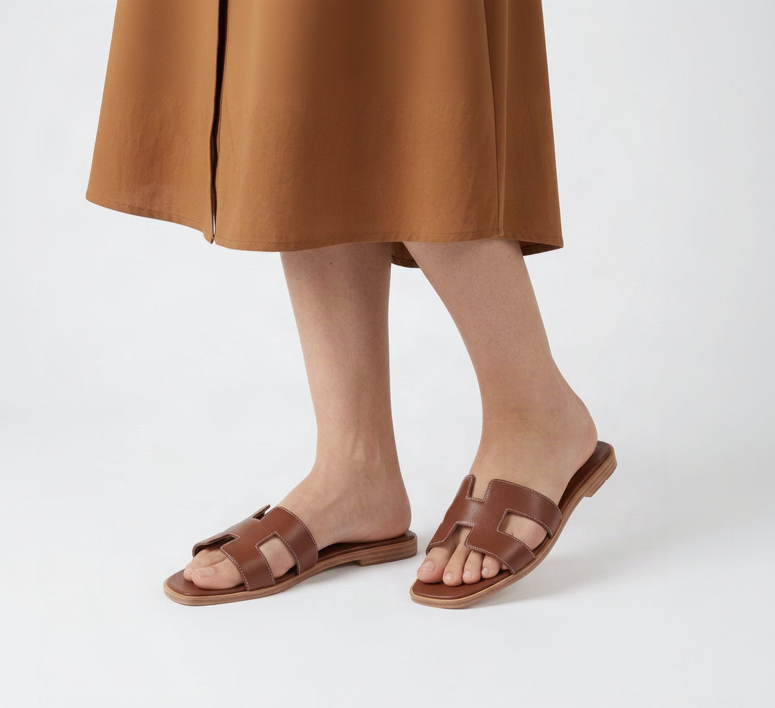 Hermes Style Smooth Leather Oran Flat Sandals – Women's Chocolate Brown Slide Shoes