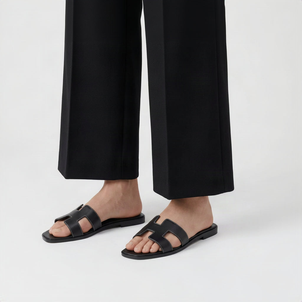 Hermes Style Smooth Leather Oran Flat Sandals – Women's Black Slide Shoes