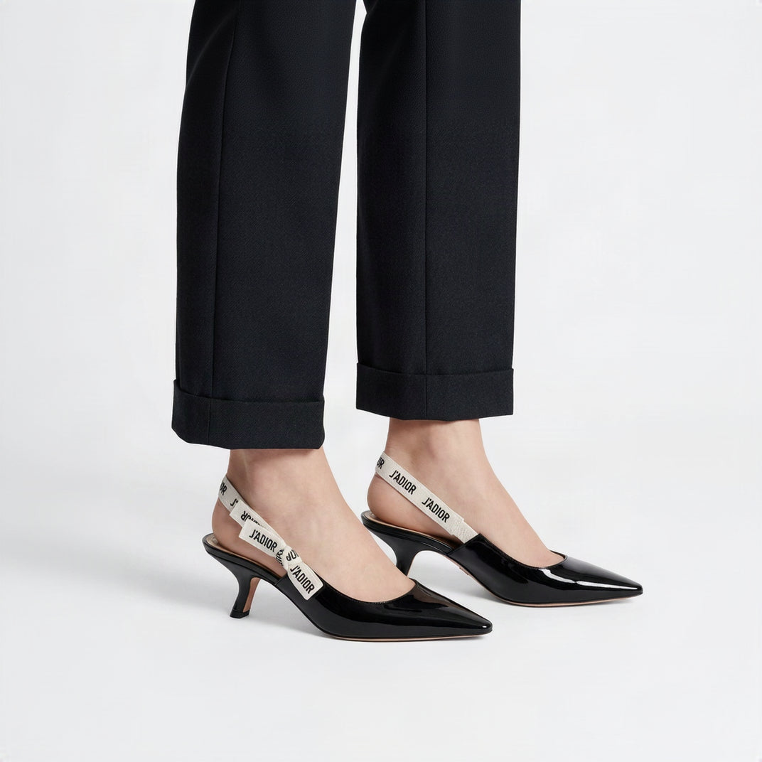 Embroidered Ribbon Slingback Pointed-Toe Kitten Heels – Women's Black Patent Low-Heel Pumps