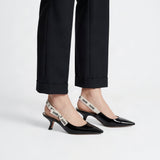 Embroidered Ribbon Slingback Pointed-Toe Kitten Heels – Women's Black Patent Low-Heel Pumps