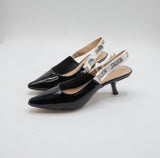 Embroidered Ribbon Slingback Pointed-Toe Kitten Heels – Women's Black Patent Low-Heel Pumps