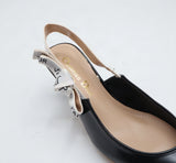 Embroidered Ribbon Slingback Pointed-Toe Kitten Heels – Women's Black Patent Low-Heel Pumps