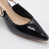 Embroidered Ribbon Slingback Pointed-Toe Kitten Heels – Women's Black Patent Low-Heel Pumps