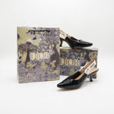 Embroidered Ribbon Slingback Pointed-Toe Kitten Heels – Women's Black Patent Low-Heel Pumps