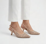 Crystal Mesh Monogram Pointed-Toe Slingback Kitten Heels – Women's Nude Low-Heel Dress Pumps