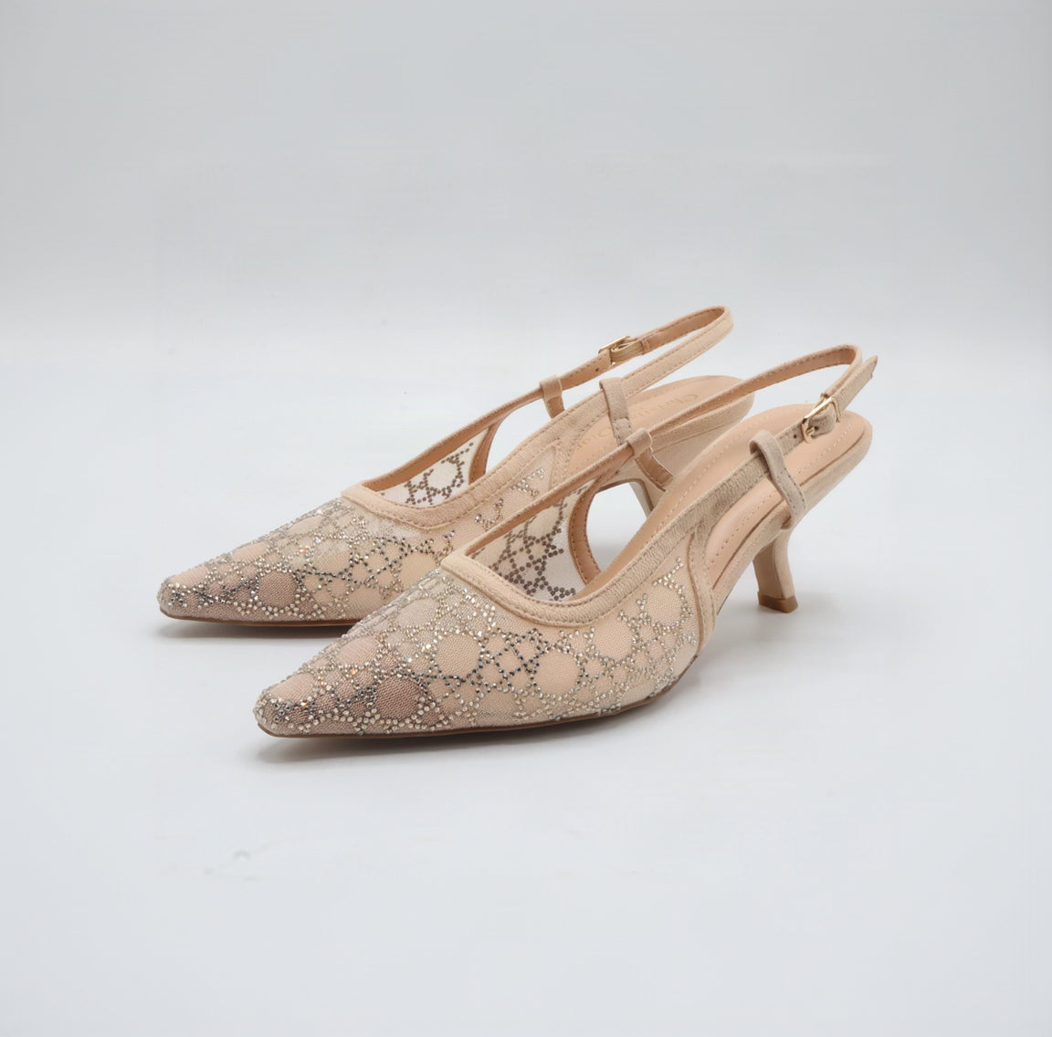 Crystal Mesh Monogram Pointed-Toe Slingback Kitten Heels – Women's Nude Low-Heel Dress Pumps