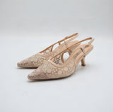 Crystal Mesh Monogram Pointed-Toe Slingback Kitten Heels – Women's Nude Low-Heel Dress Pumps