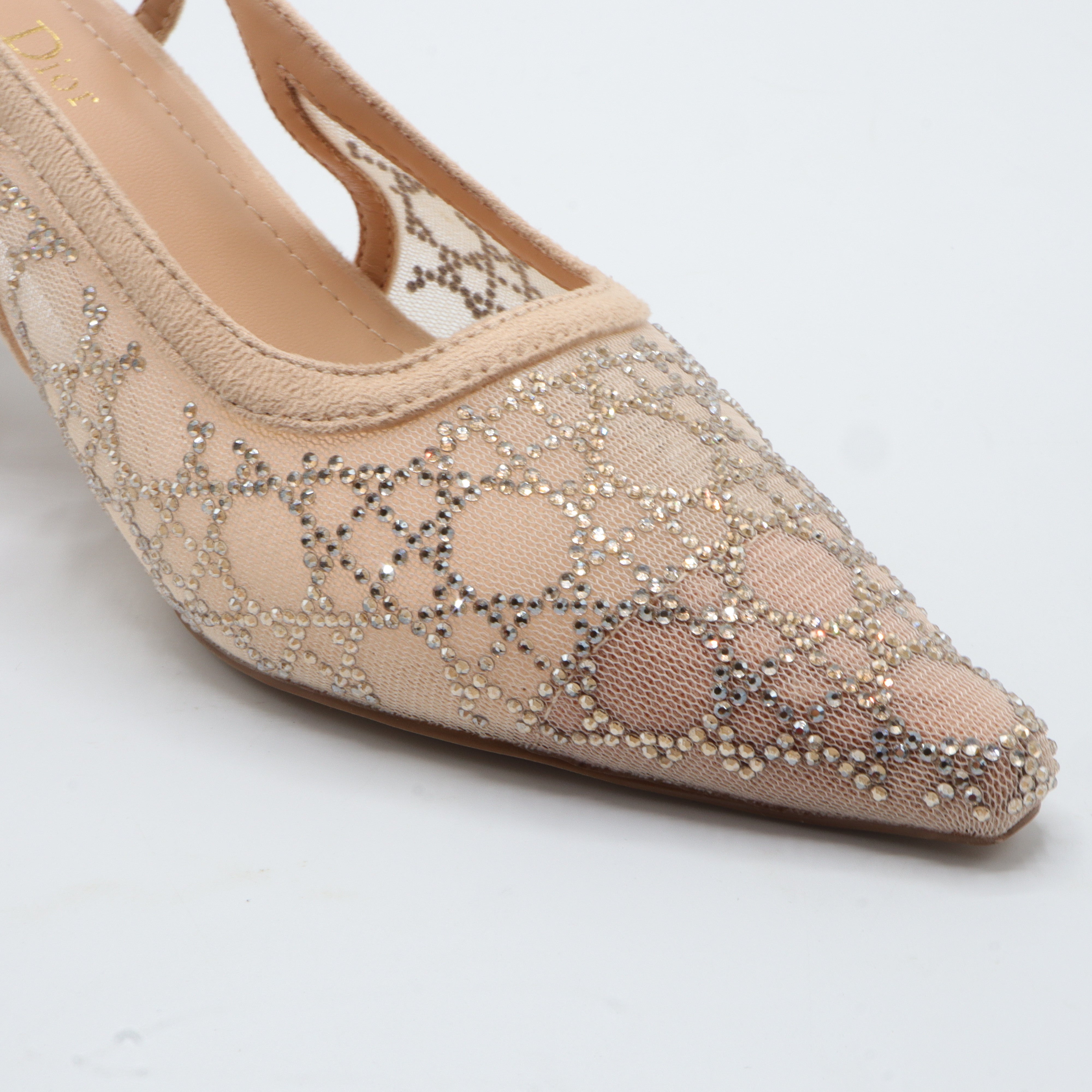 Crystal Mesh Monogram Pointed-Toe Slingback Kitten Heels – Women's Nude Low-Heel Dress Pumps