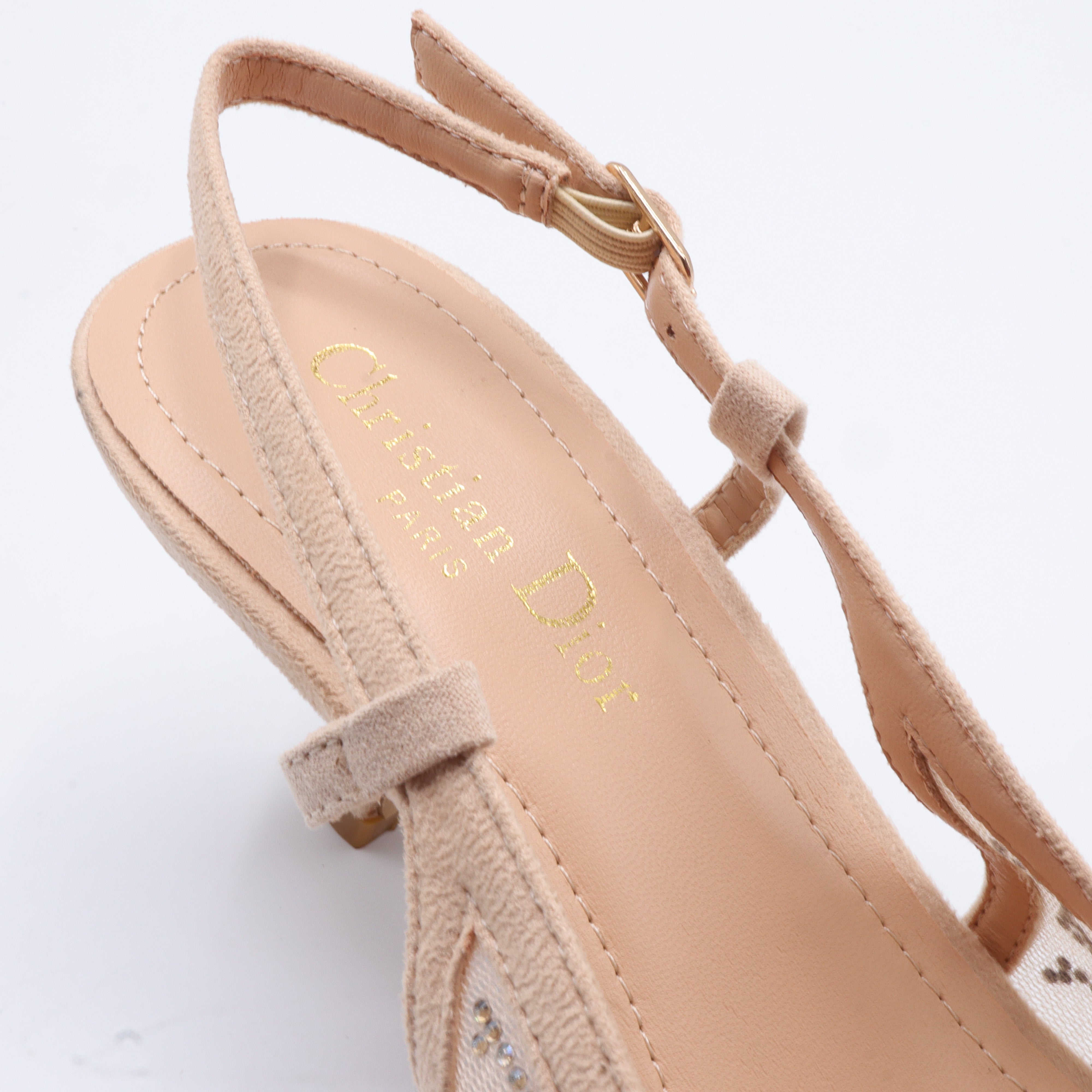 Crystal Mesh Monogram Pointed-Toe Slingback Kitten Heels – Women's Nude Low-Heel Dress Pumps