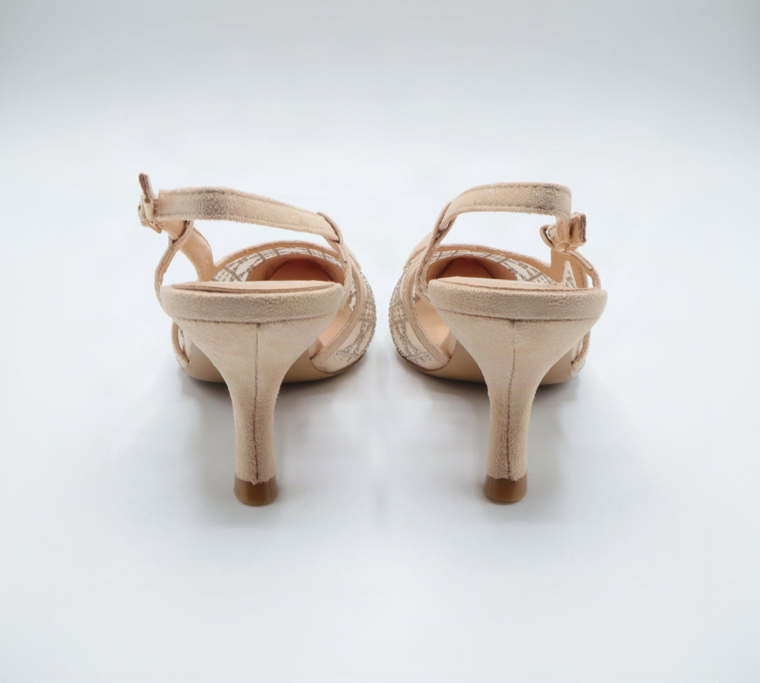 Crystal Mesh Monogram Pointed-Toe Slingback Kitten Heels – Women's Nude Low-Heel Dress Pumps