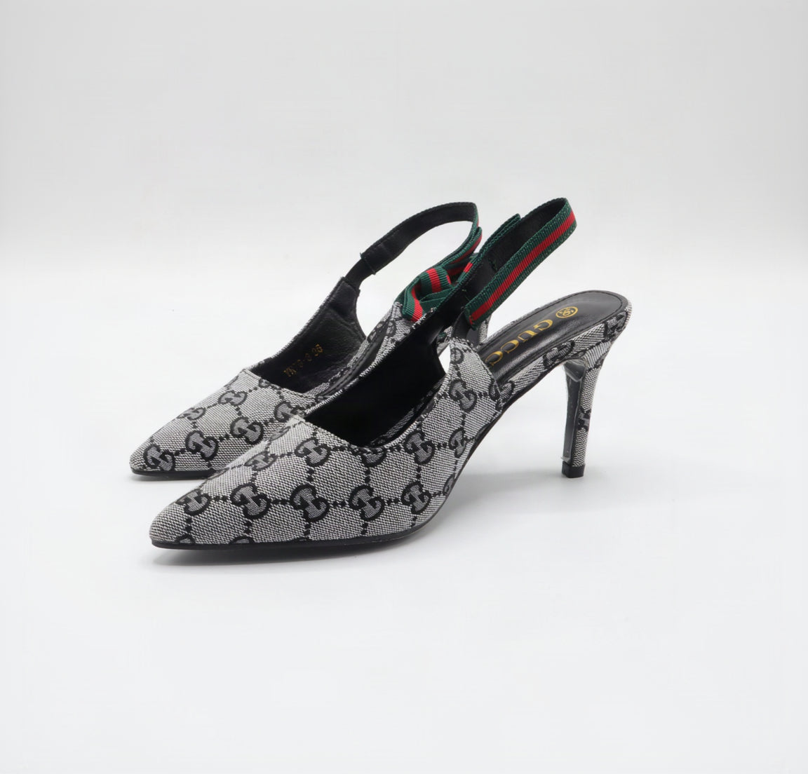 Gucci Style Monogram Pointed-Toe Slingback Heels|Women's Grey Canvas Stiletto Pumps