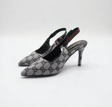 Gucci Style Monogram Pointed-Toe Slingback Heels|Women's Grey Canvas Stiletto Pumps