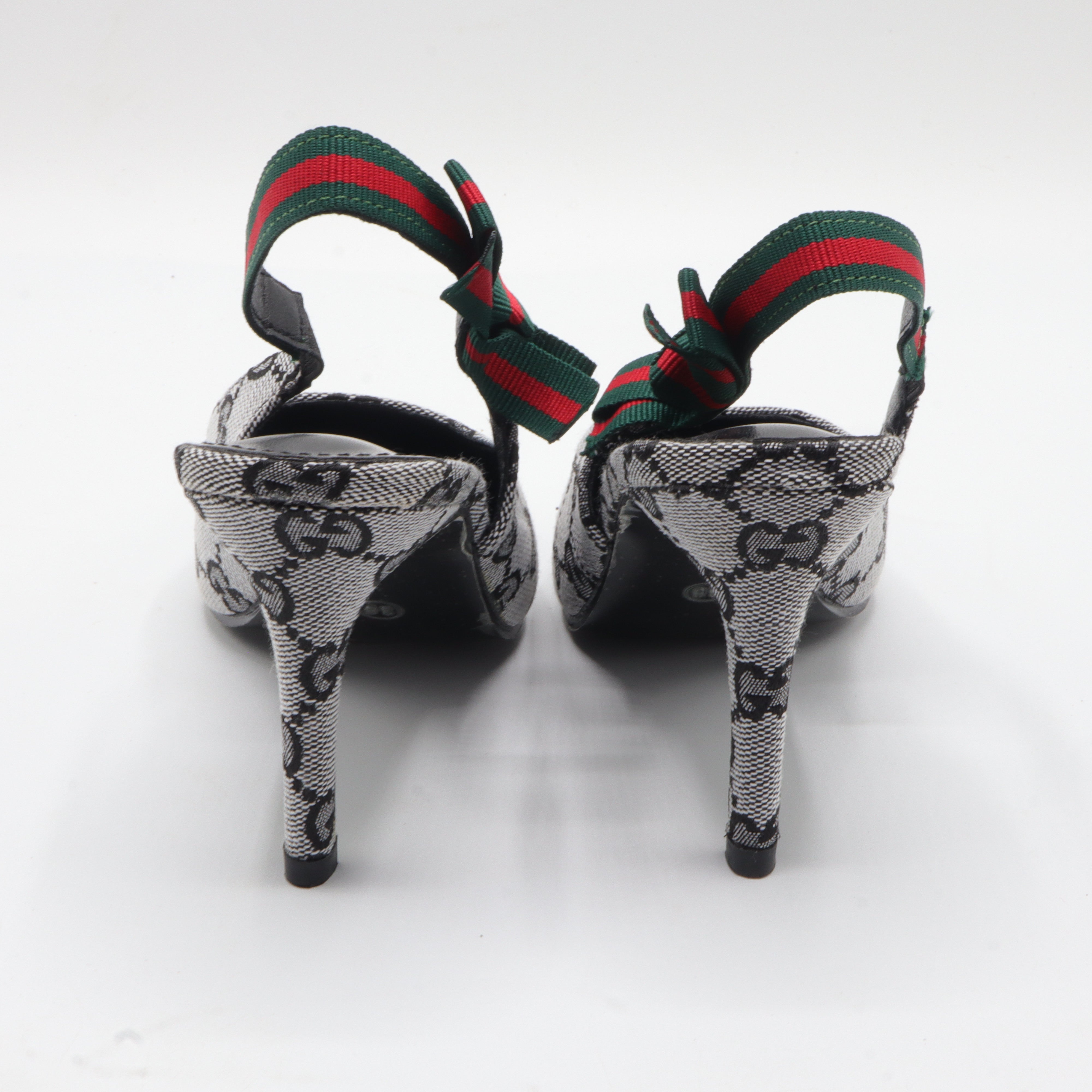 Gucci Style Monogram Pointed-Toe Slingback Heels|Women's Grey Canvas Stiletto Pumps