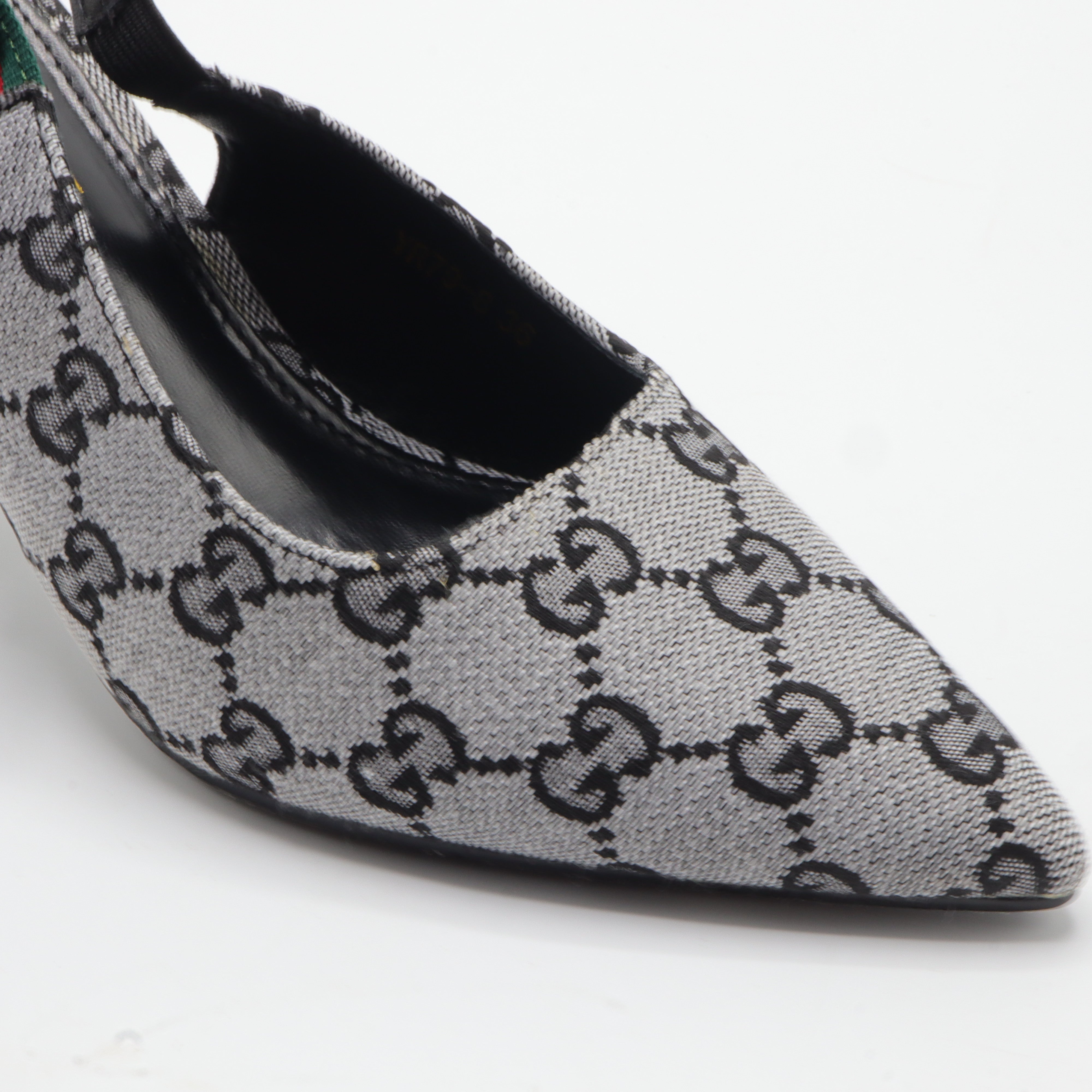 Gucci Style Monogram Pointed-Toe Slingback Heels|Women's Grey Canvas Stiletto Pumps
