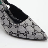 Gucci Style Monogram Pointed-Toe Slingback Heels|Women's Grey Canvas Stiletto Pumps