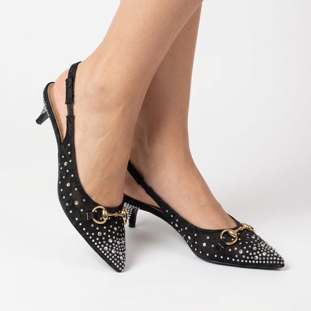 Crystal Embellished Horsebit Pointed-Toe Slingback Kitten Heels – Women's Black Low-Heel Pump