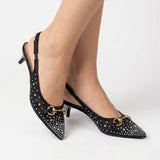 Crystal Embellished Horsebit Pointed-Toe Slingback Kitten Heels – Women's Black Low-Heel Pump