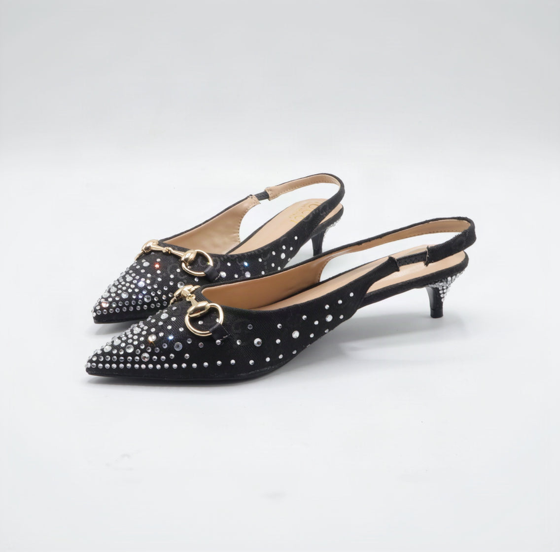 Crystal Embellished Horsebit Pointed-Toe Slingback Kitten Heels – Women's Black Low-Heel Pump