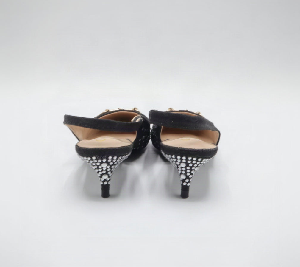 Crystal Embellished Horsebit Pointed-Toe Slingback Kitten Heels – Women's Black Low-Heel Pump