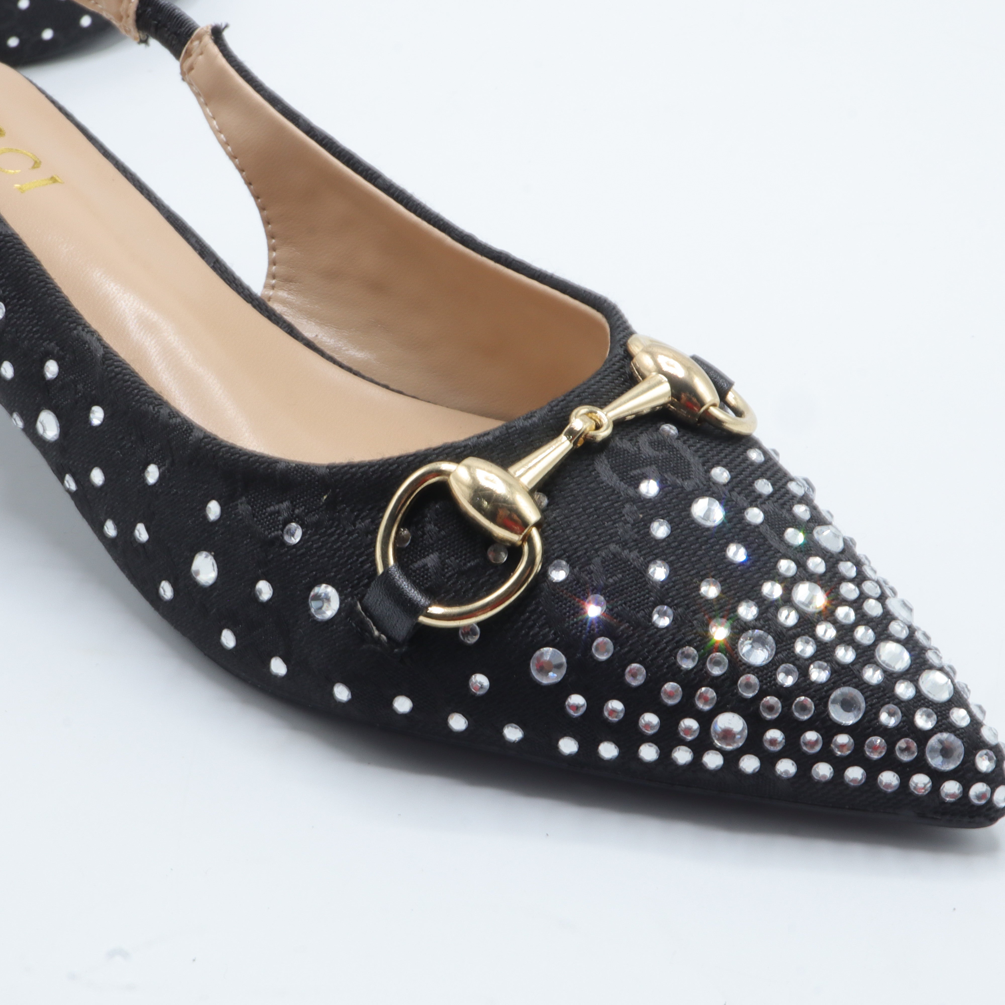 Crystal Embellished Horsebit Pointed-Toe Slingback Kitten Heels – Women's Black Low-Heel Pump