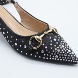 Crystal Embellished Horsebit Pointed-Toe Slingback Kitten Heels – Women's Black Low-Heel Pump
