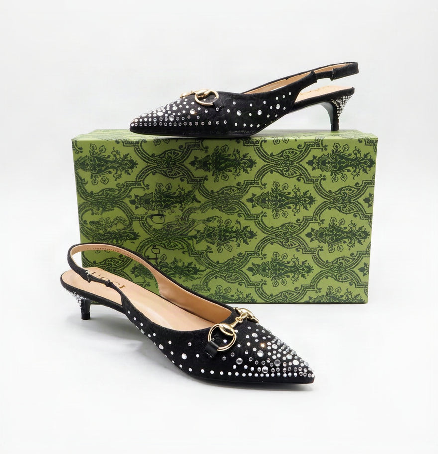 Crystal Embellished Horsebit Pointed-Toe Slingback Kitten Heels – Women's Black Low-Heel Pump