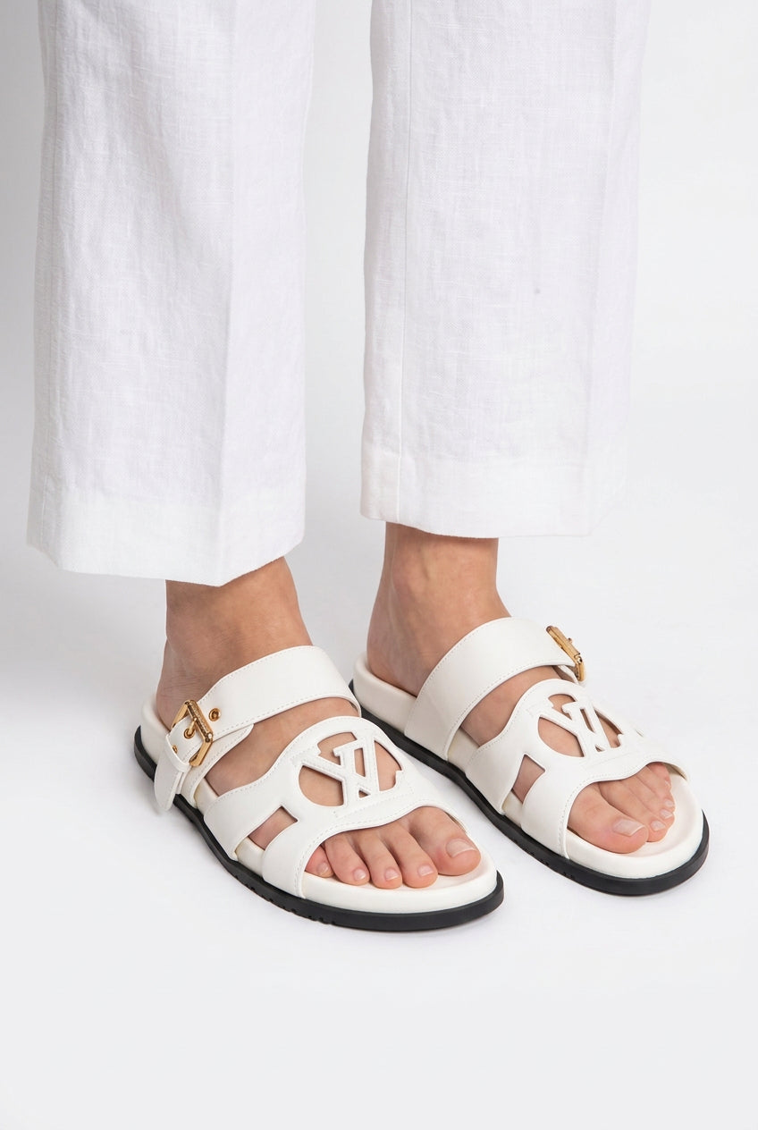 Cutout Monogram Dual-Strap Buckle Flat Slides – Women's Crisp White Open-Toe Sandals