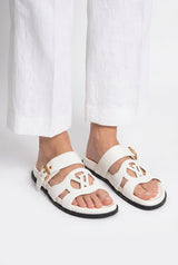 Cutout Monogram Dual-Strap Buckle Flat Slides – Women's Crisp White Open-Toe Sandals